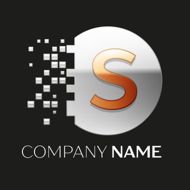 Gerçekçi altın harf S logo sembol siyah arka plan üzerine parçalanmış bloklarla gümüş renkli piksel daire şeklinde. Tasarımınız için vektör şablonu