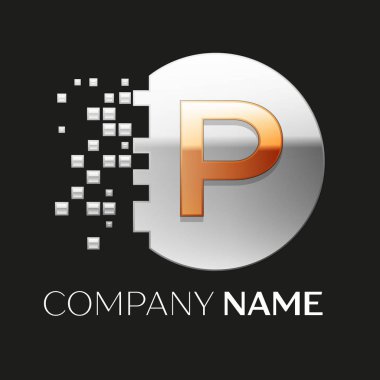 Gerçekçi altın harf P logo sembol siyah arka plan üzerine parçalanmış bloklarla gümüş renkli piksel daire şeklinde. Tasarımınız için vektör şablonu