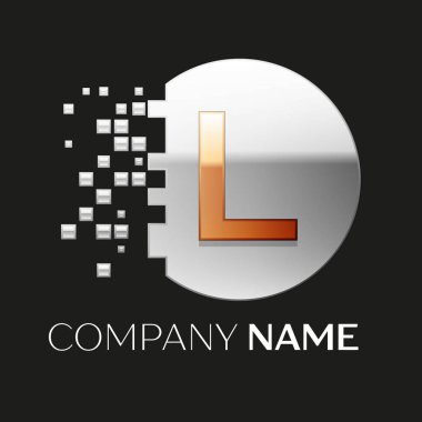 Gerçekçi altın L harfi logo sembol siyah arka plan üzerine parçalanmış bloklarla gümüş renkli piksel daire şeklinde. Tasarımınız için vektör şablonu