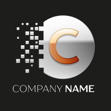 Gerçekçi altın harfi C logo sembol siyah arka plan üzerine parçalanmış bloklarla gümüş renkli piksel daire şeklinde. Tasarımınız için vektör şablonu