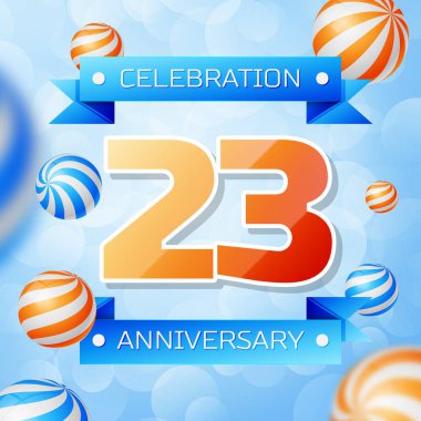 Gerçekçi yirmi üç yıl yıldönümü kutlamaları tasarım afiş. Altın numaraları ve mavi kurdele, mavi zemin üzerine balonlar. Doğum günü partin için renkli vektör şablon öğeleri