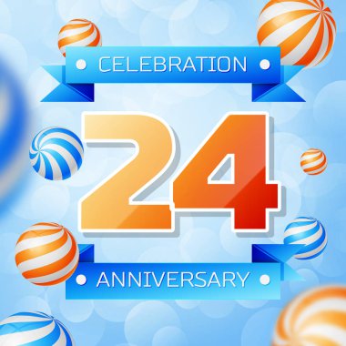 Gerçekçi yirmi dört yıl yıldönümü kutlamaları tasarım afiş. Altın numaraları ve mavi kurdele, mavi zemin üzerine balonlar. Doğum günü partin için renkli vektör şablon öğeleri