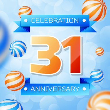 Gerçekçi otuz bir yıl yıldönümü kutlamaları tasarım afiş. Altın numaraları ve mavi kurdele, mavi zemin üzerine balonlar. Doğum günü partin için renkli vektör şablon öğeleri