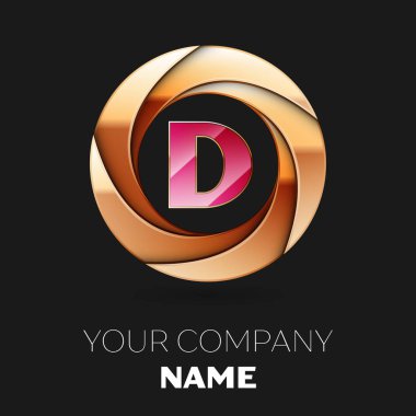 Gerçekçi pembe mektup D logo sembol siyah zemin üzerine altın renkli daire şeklinde. Tasarımınız için vektör şablonu