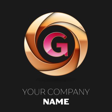 Gerçekçi pembe mektup G logo sembol siyah zemin üzerine altın renkli daire şeklinde. Tasarımınız için vektör şablonu