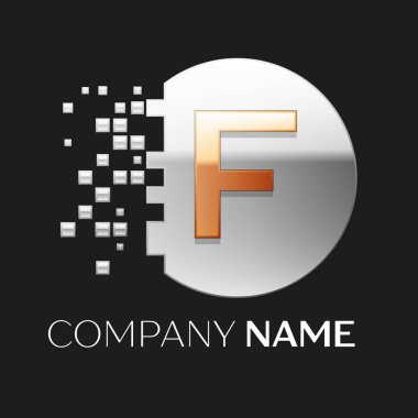 Gerçekçi altın harf F logo sembol siyah arka plan üzerine parçalanmış bloklarla gümüş renkli piksel daire şeklinde. Tasarımınız için vektör şablonu