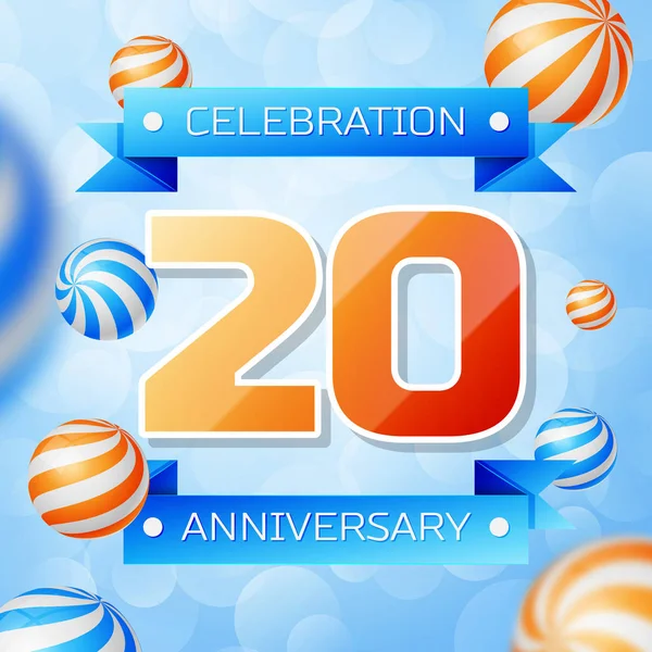 Gerçekçi yirmi yıl yıldönümü kutlamaları tasarım afiş. Altın numaraları ve mavi kurdele, mavi zemin üzerine balonlar. Doğum günü partin için renkli vektör şablon öğeleri