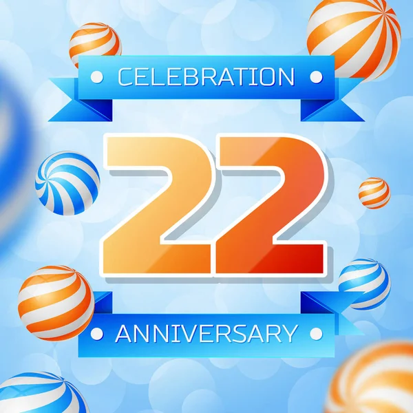 Gerçekçi yirmi iki yıl yıldönümü kutlamaları tasarım afiş. Altın numaraları ve mavi kurdele, mavi zemin üzerine balonlar. Doğum günü partin için renkli vektör şablon öğeleri