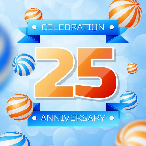 Gerçekçi yirmi beş yıl yıldönümü kutlamaları tasarım afiş. Altın numaraları ve mavi kurdele, mavi zemin üzerine balonlar. Doğum günü partin için renkli vektör şablon öğeleri