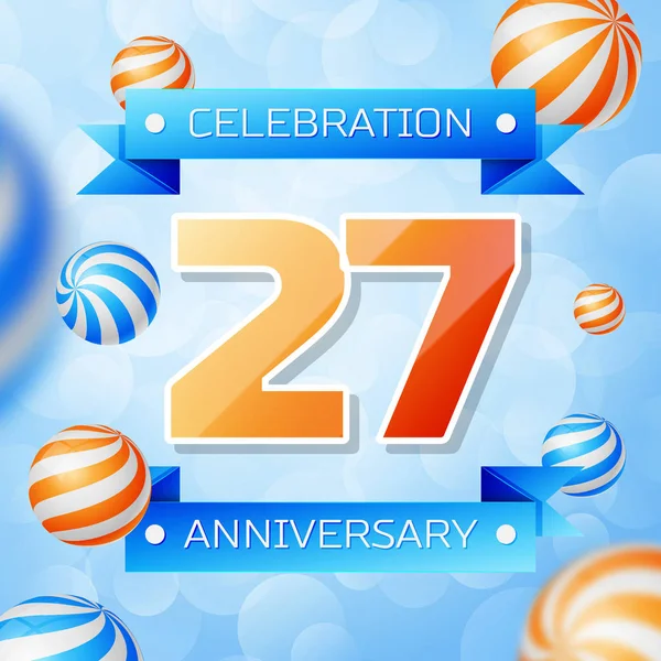 Gerçekçi yirmi yedi yıl yıldönümü kutlamaları tasarım afiş. Altın numaraları ve mavi kurdele, mavi zemin üzerine balonlar. Doğum günü partin için renkli vektör şablon öğeleri