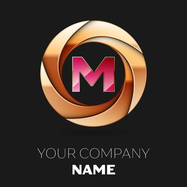 Symbole réaliste rose lettre M logo en forme de cercle coloré doré sur fond noir. Modèle vectoriel pour votre conception — Image vectorielle