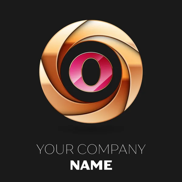 Reális rózsaszín betű O logo szimbólum a golden színes kör alakú, fekete háttér. A design vektor sablon — Stock Vector
