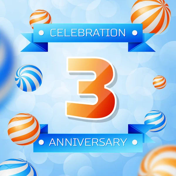 Gerçekçi üç yıl yıldönümü kutlamaları tasarım afiş. Altın numaraları ve mavi kurdele, mavi zemin üzerine balonlar. Doğum günü partin için renkli vektör şablon öğeleri