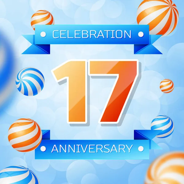 Bannière réaliste de conception de célébration d'anniversaire de dix-sept ans. Numéros d'or et rubans bleus, ballons sur fond bleu. Éléments vectoriels colorés pour votre fête d'anniversaire — Image vectorielle