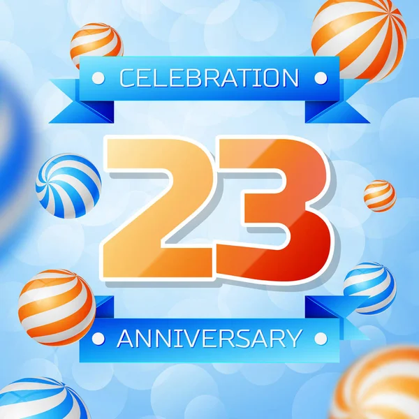 Gerçekçi yirmi üç yıl yıldönümü kutlamaları tasarım afiş. Altın numaraları ve mavi kurdele, mavi zemin üzerine balonlar. Doğum günü partin için renkli vektör şablon öğeleri