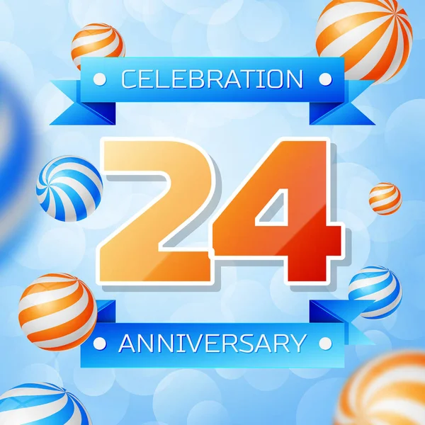 Gerçekçi yirmi dört yıl yıldönümü kutlamaları tasarım afiş. Altın numaraları ve mavi kurdele, mavi zemin üzerine balonlar. Doğum günü partin için renkli vektör şablon öğeleri