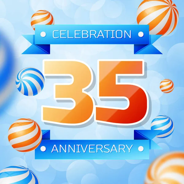 Gerçekçi otuz beş yıl yıldönümü kutlamaları tasarım afiş. Altın numaraları ve mavi kurdele, mavi zemin üzerine balonlar. Doğum günü partin için renkli vektör şablon öğeleri