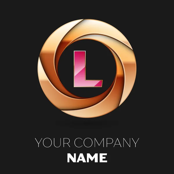 Ρεαλιστική ροζ γράμμα L λογότυπο σύμβολο με τη μορφή Χρυσής πολύχρωμο κύκλο σε μαύρο φόντο. Διάνυσμα πρότυπο για το σχεδιασμό σας — Διανυσματικό Αρχείο