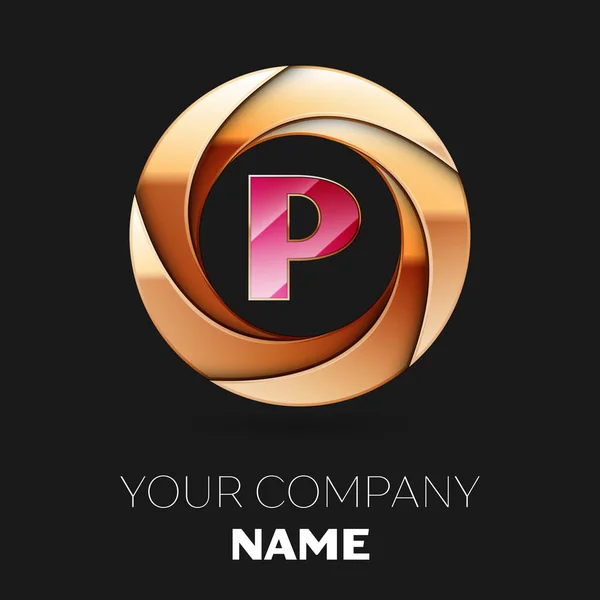 Symbole réaliste rose lettre P logo en forme de cercle coloré doré sur fond noir. Modèle vectoriel pour votre conception — Image vectorielle