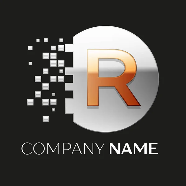 Realista símbolo del logotipo de la letra R dorada en forma de círculo de píxeles de color plateado con bloques rotos sobre fondo negro. Plantilla vectorial para su diseño — Vector de stock