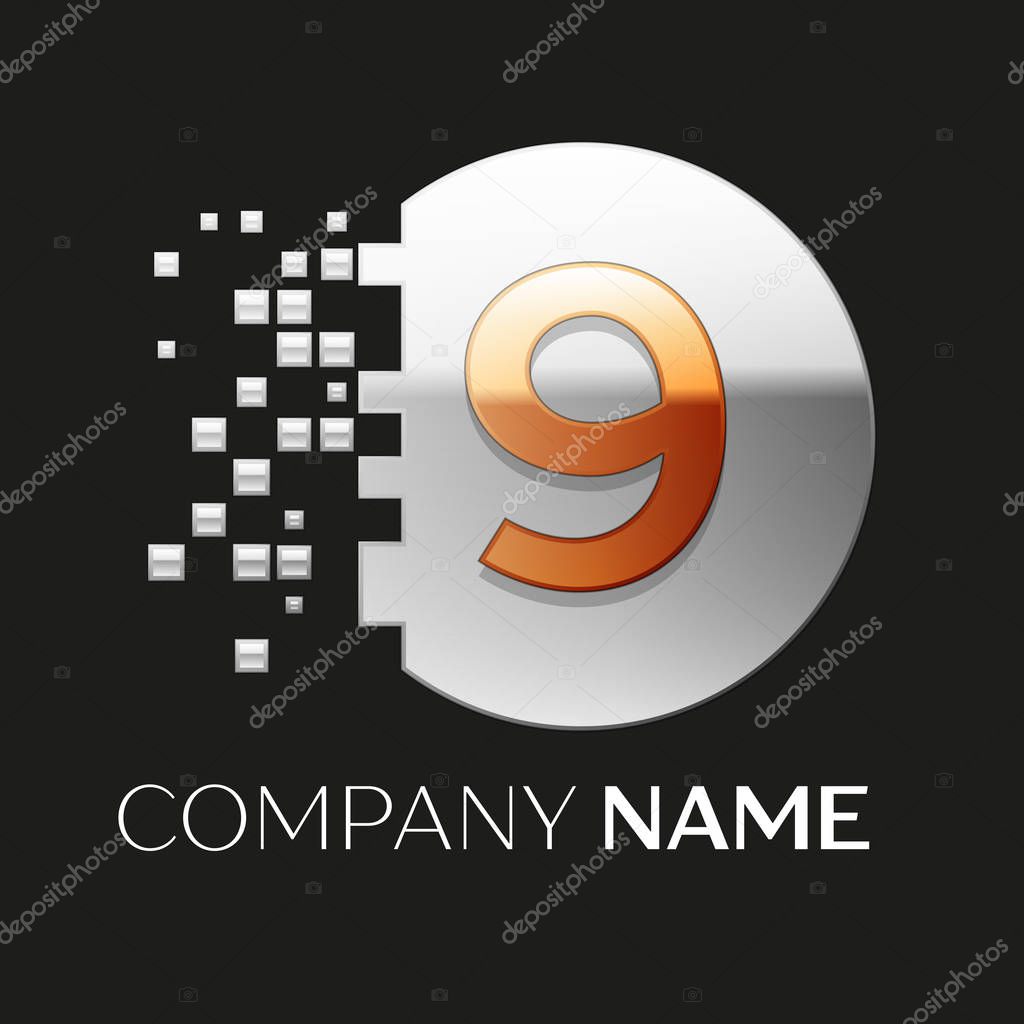 Realistic Golden Number Nine logo symbol in the silver colorful pixel circle shape with shattered blocks on black background. Vector template for your design