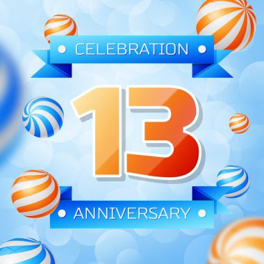 Gerçekçi onüç yıl yıldönümü kutlamaları tasarım afiş. Altın numaraları ve mavi kurdele, mavi zemin üzerine balonlar. Doğum günü partin için renkli vektör şablon öğeleri