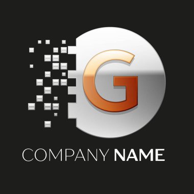 Gerçekçi altın harf G logo sembol siyah arka plan üzerine parçalanmış bloklarla gümüş renkli piksel daire şeklinde. Tasarımınız için vektör şablonu