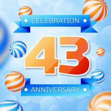 Gerçekçi kırk üç yıl yıldönümü kutlamaları tasarım afiş. Altın numaraları ve mavi kurdele, mavi zemin üzerine balonlar. Doğum günü partin için renkli vektör şablon öğeleri