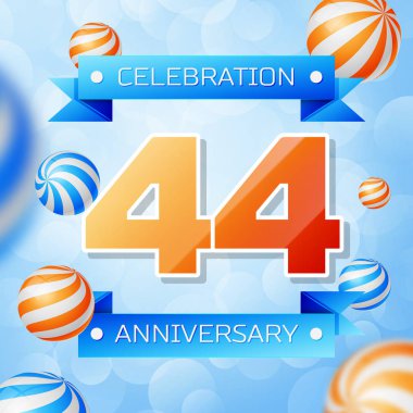 Gerçekçi kırk dört yıl yıldönümü kutlamaları tasarım afiş. Altın numaraları ve mavi kurdele, mavi zemin üzerine balonlar. Doğum günü partin için renkli vektör şablon öğeleri