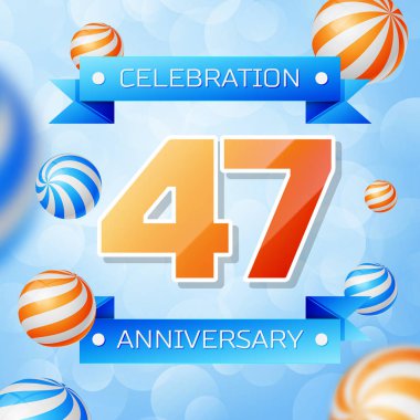 Gerçekçi kırk yedi yıl yıldönümü kutlamaları tasarım afiş. Altın numaraları ve mavi kurdele, mavi zemin üzerine balonlar. Doğum günü partin için renkli vektör şablon öğeleri