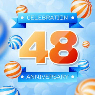 Gerçekçi kırk sekiz yıl yıldönümü kutlamaları tasarım afiş. Altın numaraları ve mavi kurdele, mavi zemin üzerine balonlar. Doğum günü partin için renkli vektör şablon öğeleri