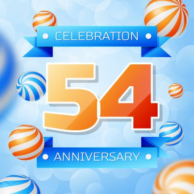 Gerçekçi elli dört yıl yıldönümü kutlamaları tasarım afiş. Altın numaraları ve mavi kurdele, mavi zemin üzerine balonlar. Doğum günü partin için renkli vektör şablon öğeleri