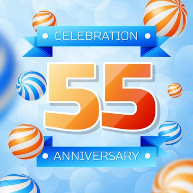 Gerçekçi elli beş yıl yıldönümü kutlamaları tasarım afiş. Altın numaraları ve mavi kurdele, mavi zemin üzerine balonlar. Doğum günü partin için renkli vektör şablon öğeleri