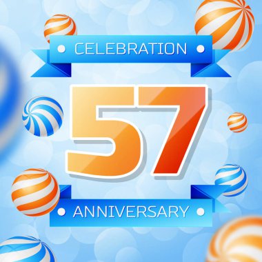 Gerçekçi elli yedi yıl yıldönümü kutlamaları tasarım afiş. Altın numaraları ve mavi kurdele, mavi zemin üzerine balonlar. Doğum günü partin için renkli vektör şablon öğeleri