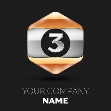 Gerçekçi gümüş üç numara logo sembol siyah arka plan üzerinde renkli gümüş-altın altıgen şeklinde. Tasarımınız için vektör şablonu