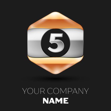 Gerçekçi gümüş beş numara logo sembol siyah arka plan üzerinde renkli gümüş-altın altıgen şeklinde. Tasarımınız için vektör şablonu