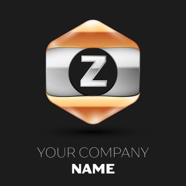 Gerçekçi gümüş harf Z logo sembol siyah arka plan üzerinde renkli gümüş-altın altıgen şeklinde. Tasarımınız için vektör şablonu