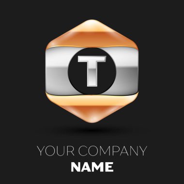 Gerçekçi gümüş mektup T logo sembol siyah arka plan üzerinde renkli gümüş-altın altıgen şeklinde. Tasarımınız için vektör şablonu