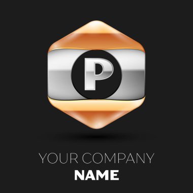 Gerçekçi gümüş harf P logo sembol siyah arka plan üzerinde renkli gümüş-altın altıgen şeklinde. Tasarımınız için vektör şablonu