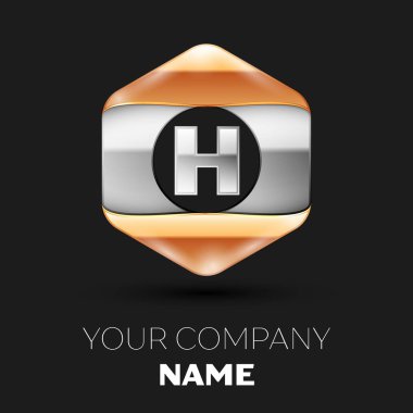 Gerçekçi gümüş H harfi logo sembol siyah arka plan üzerinde renkli gümüş-altın altıgen şeklinde. Tasarımınız için vektör şablonu