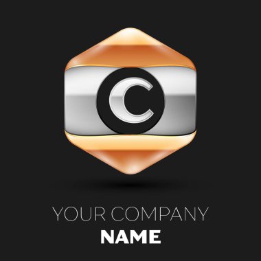 Gerçekçi gümüş harf C logo sembol siyah arka plan üzerinde renkli gümüş-altın altıgen şeklinde. Tasarımınız için vektör şablonu