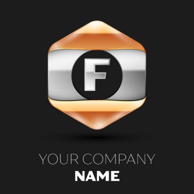Gerçekçi gümüş harf F logo sembol siyah arka plan üzerinde renkli gümüş-altın altıgen şeklinde. Tasarımınız için vektör şablonu