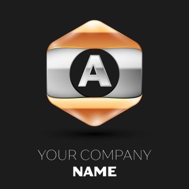 Gerçekçi gümüş harf logo sembol siyah arka plan üzerinde renkli gümüş-altın altıgen şeklinde. Tasarımınız için vektör şablonu