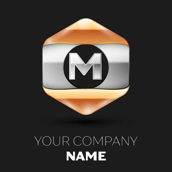 Simbolo realistico del logo M lettera argento nella colorata forma esagonale argento-oro su sfondo nero. Modello vettoriale per il tuo design — Vettoriale Stock