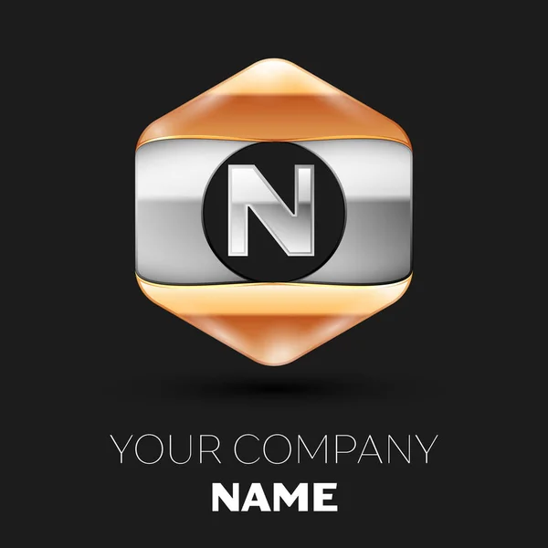 Realistic Silver Lettre N logo symbole dans la forme hexagonale argent-or coloré sur fond noir. Modèle vectoriel pour votre conception — Image vectorielle