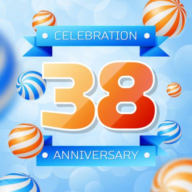 Gerçekçi otuz sekiz yıl yıldönümü kutlamaları tasarım afiş. Altın numaraları ve mavi kurdele, mavi zemin üzerine balonlar. Doğum günü partin için renkli vektör şablon öğeleri