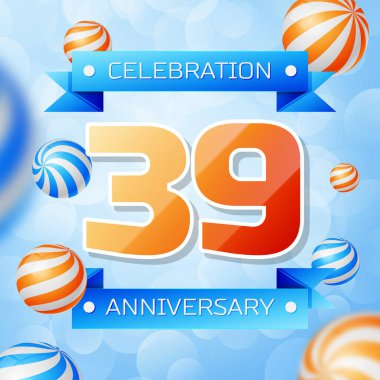 Gerçekçi otuz dokuz yıl yıldönümü kutlamaları tasarım afiş. Altın numaraları ve mavi kurdele, mavi zemin üzerine balonlar. Doğum günü partin için renkli vektör şablon öğeleri