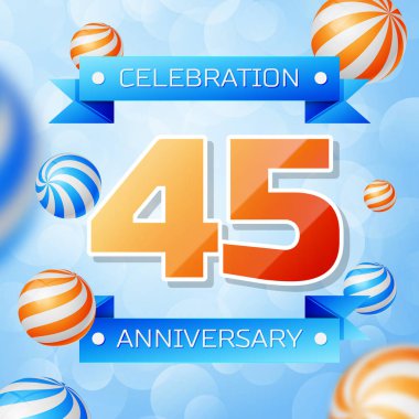Gerçekçi kırk beş yıl yıldönümü kutlamaları tasarım afiş. Altın numaraları ve mavi kurdele, mavi zemin üzerine balonlar. Doğum günü partin için renkli vektör şablon öğeleri