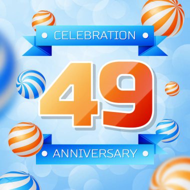 Gerçekçi kırk dokuz yıl yıldönümü kutlamaları tasarım afiş. Altın numaraları ve mavi kurdele, mavi zemin üzerine balonlar. Doğum günü partin için renkli vektör şablon öğeleri