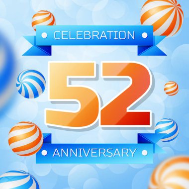 Gerçekçi elli iki yıl yıldönümü kutlamaları tasarım afiş. Altın numaraları ve mavi kurdele, mavi zemin üzerine balonlar. Doğum günü partin için renkli vektör şablon öğeleri